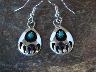Navajo Indian Sterling Silver & Turquoise Bear Paw Dangle Earrings