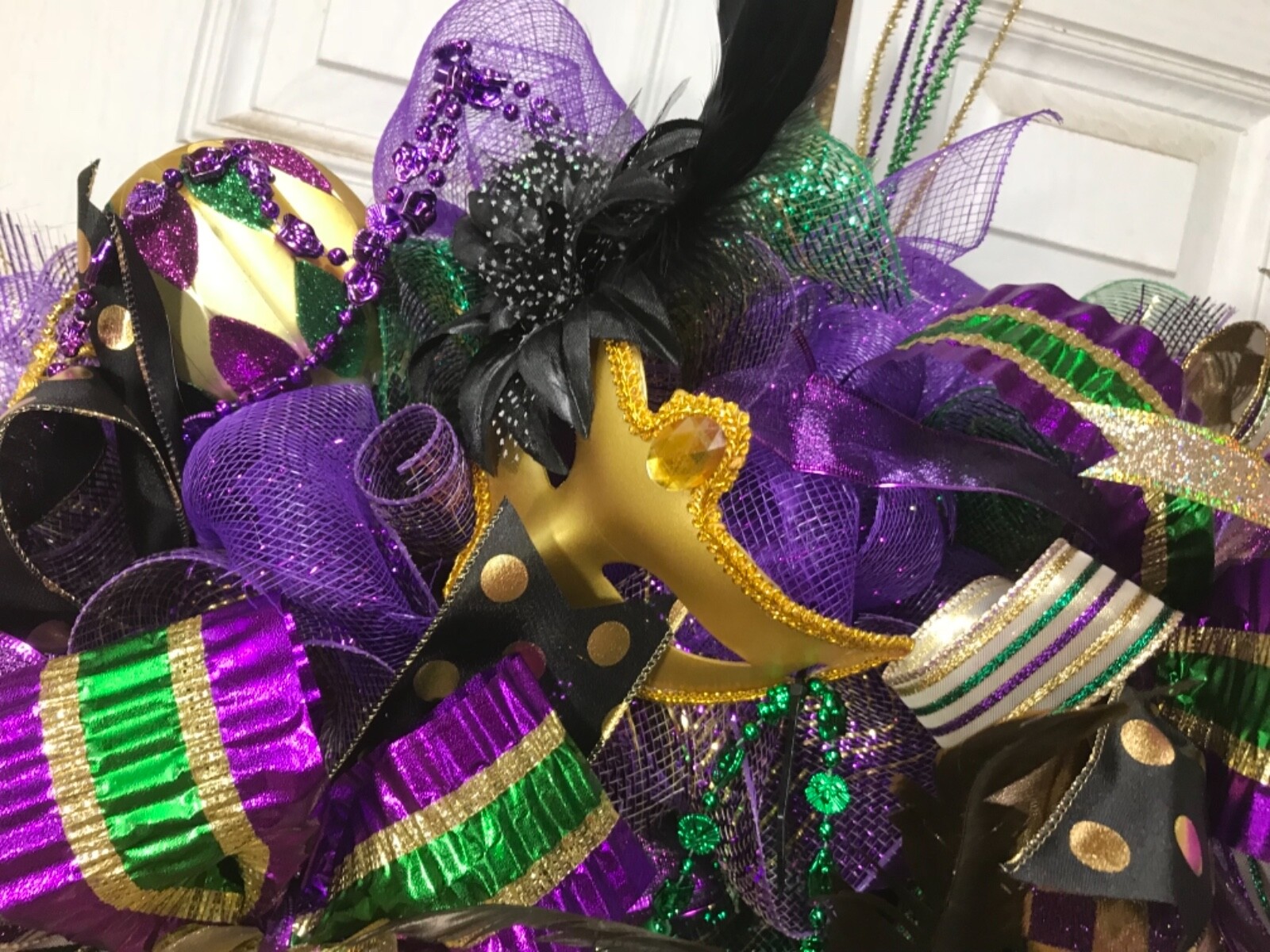Mardi Gras wreath, Deco Mesh, green, purple, gold, feathered mask Ribbons, Beads
