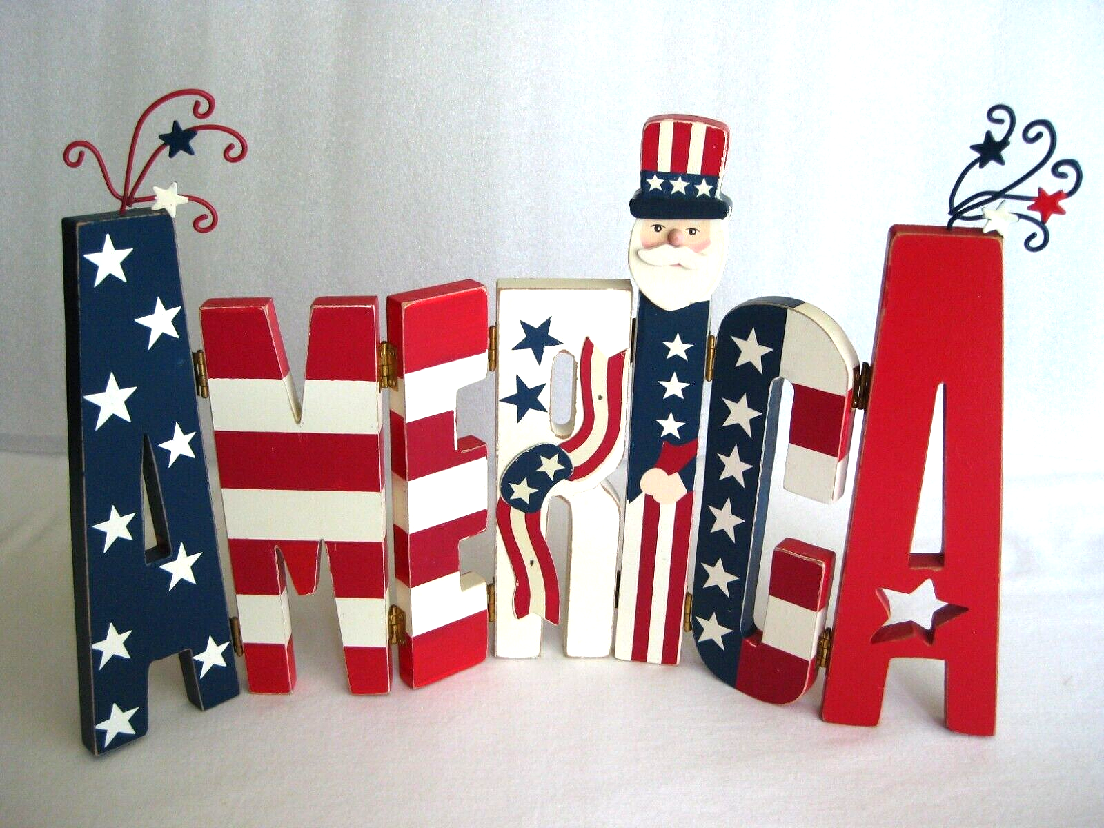 Patriotic Wooden Hinged AMERICA Word Art Sign Plaque Home Decor Uncle Sam
