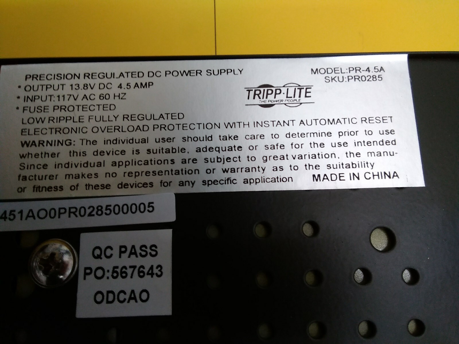 POWER SUPPLY   115 VIOLT INPUT X 12 VOLT 4.5 AMP DC POWER SUPPLY