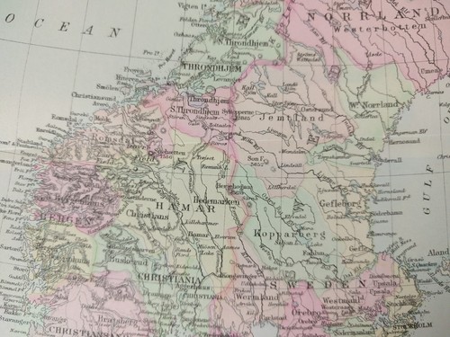 Vintage 1896 NORWAY SWEDEN Map Old Antique Original GALLERY WALL ART MAPZ