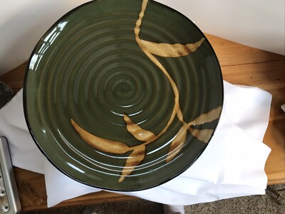 Pier 1 Dakara Green/Brown Swirl Dinner Plate Handpainted 13'' Dishwash/Micro safe