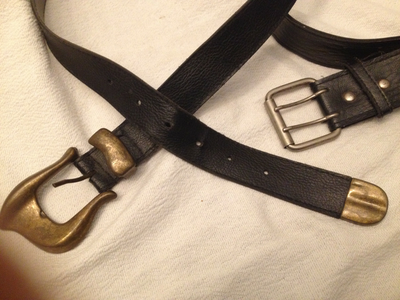 WOMEN'S VINTAGE BLACK LEATHER BELTS ANTIQUED BRASS & SILVER