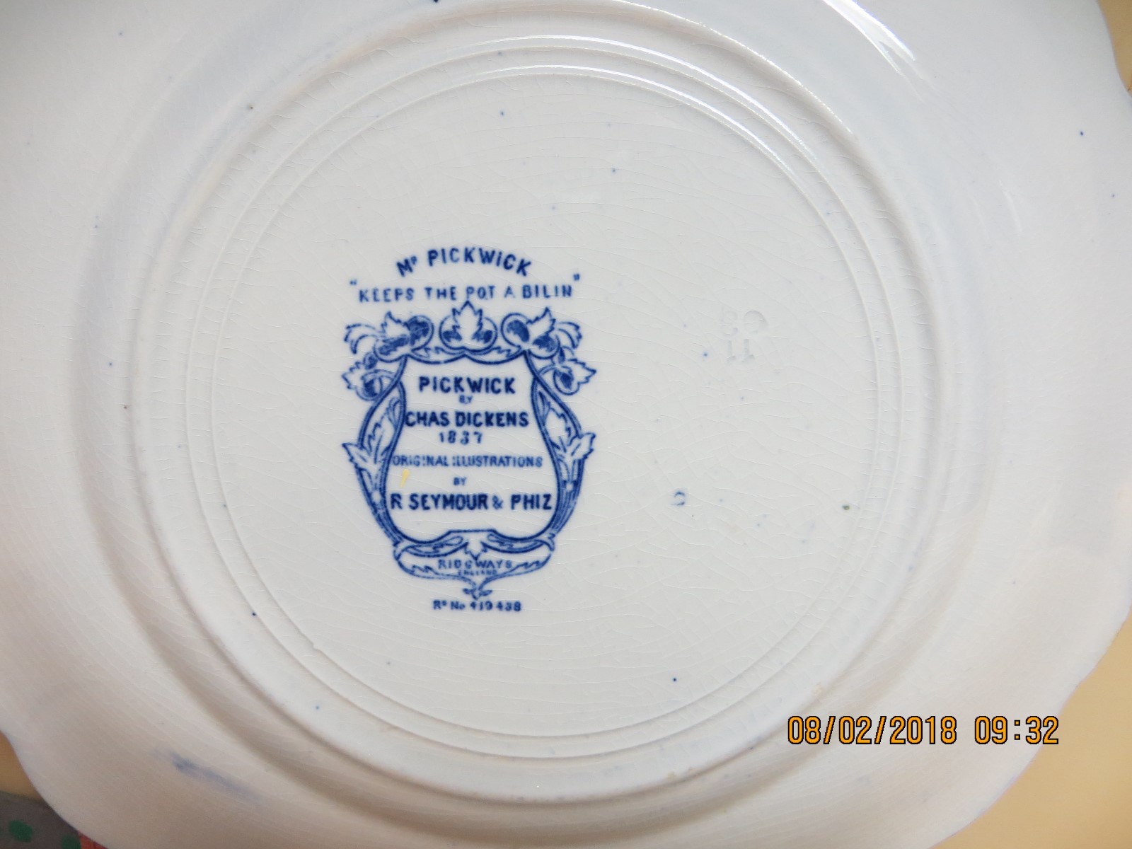 ANTIQUE FLOW BLUE RIDGWAYS PICKWICK BY CHAS. DICKENS - PICKWICK KEEPS THE POT ..