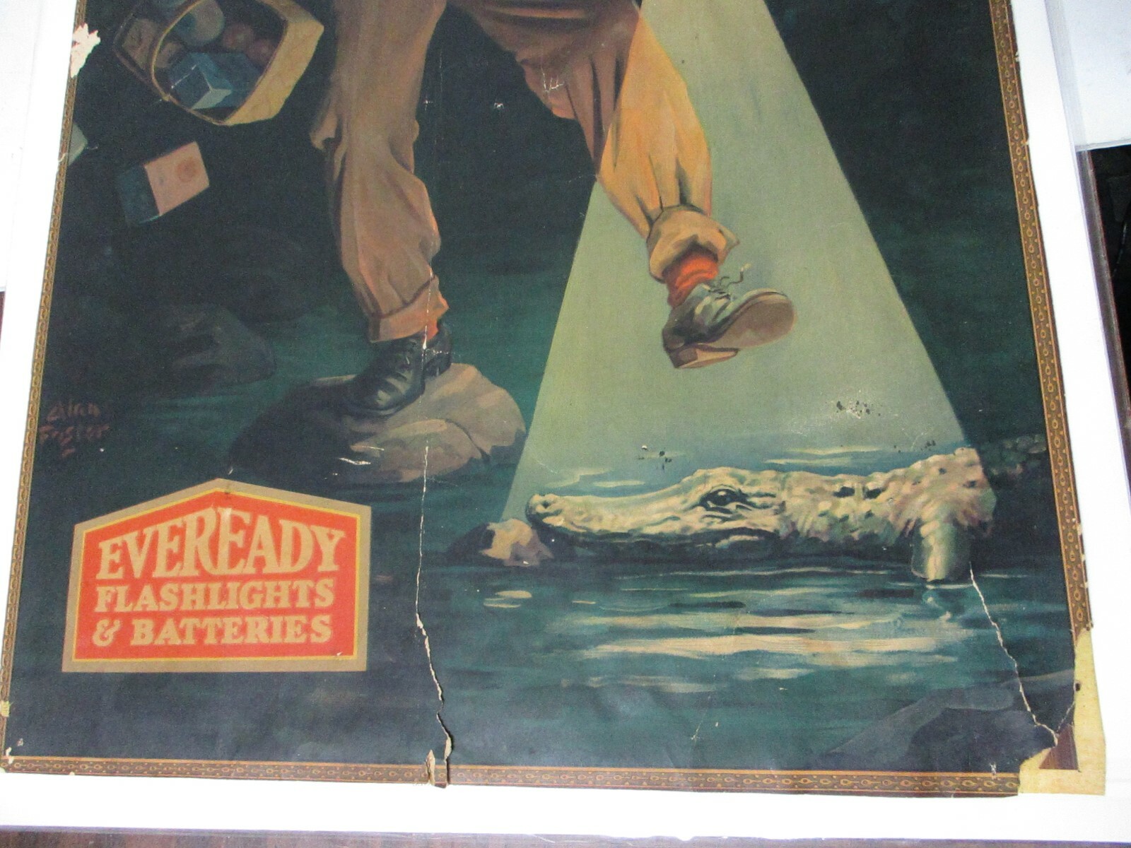 Vintage 1930s EverReady Flashlights & Batteries Poster Sign black man alligator