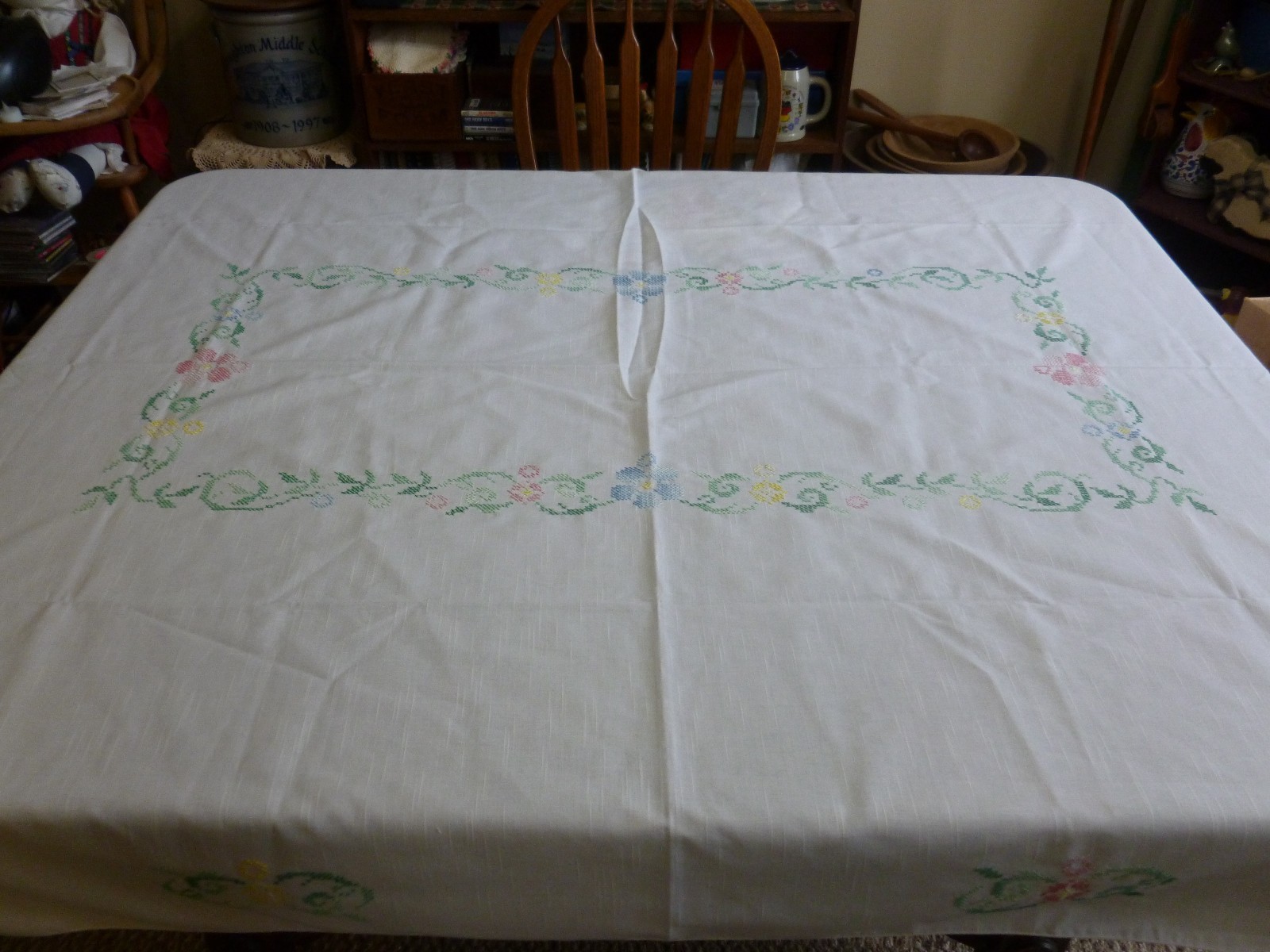 Vintage Embroidered Tablecloth Cross Stitch Floral Spring Large 78