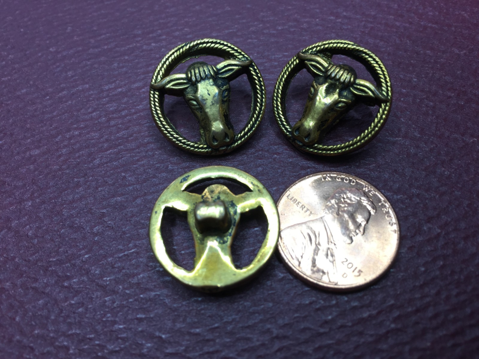 3 Vintage Cow Longhorn Gold Brass tone buttons 20mm