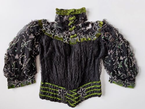 Antique Victorian Black Lace Green Velvet Bow Beaded Bodice Paris Boning Sequins