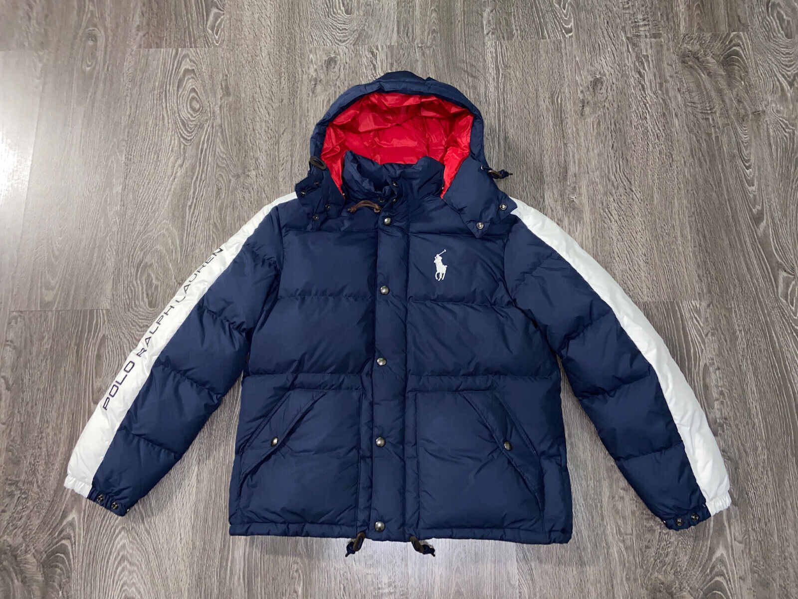 Pre-owned Polo Ralph Lauren Navy Red Usa 18 Big Pony Down Hooded Puffer Jacket Coat L