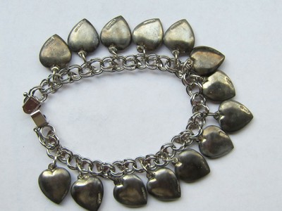 Vintage Sterling silver charm bracelet - 14 enameled puffy heart charms