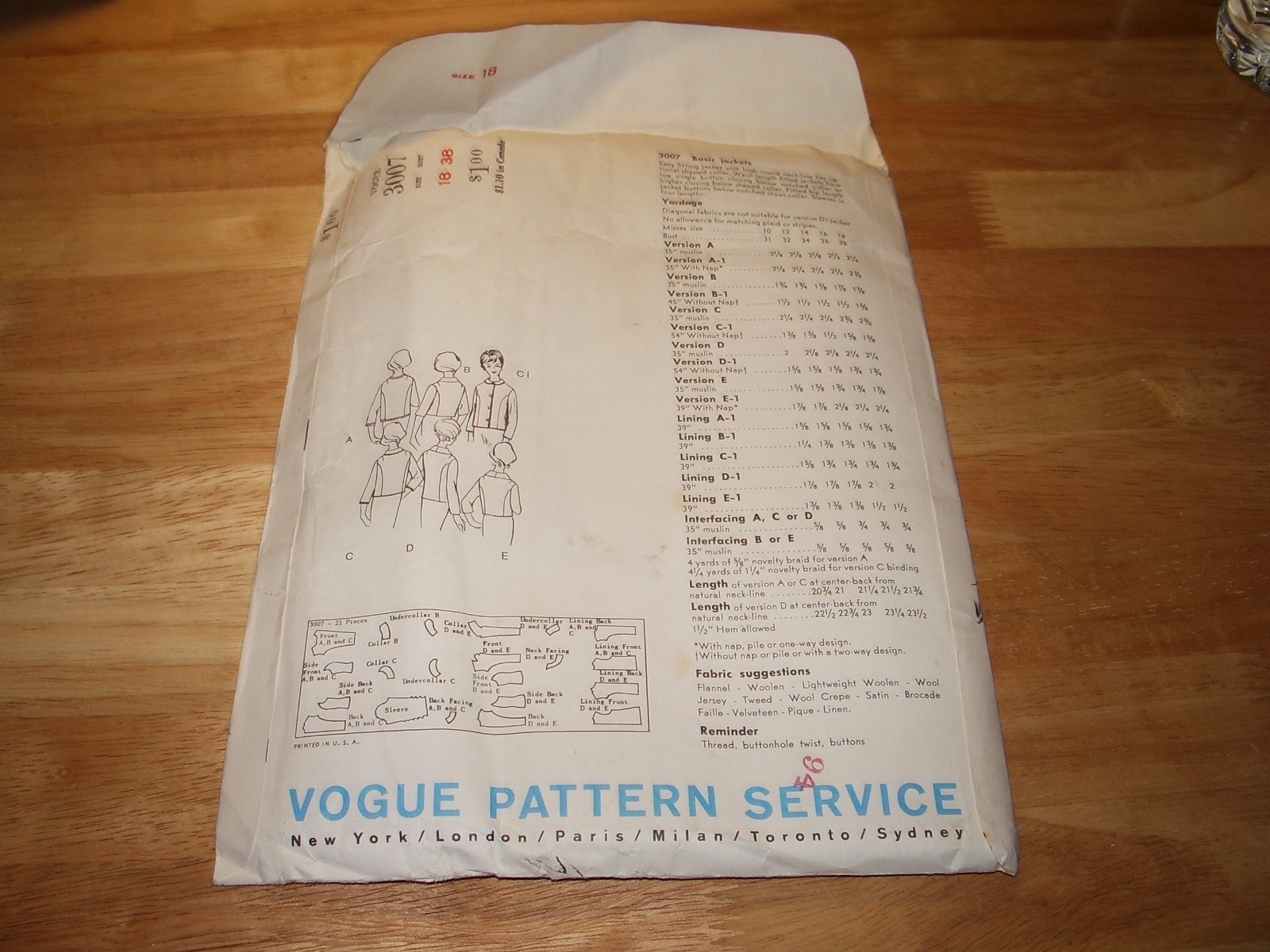 Vintage FF 1950s VOGUE BASIC JACKET DESIGN PATTERN 3007 Size 18 Bust 38 Womens