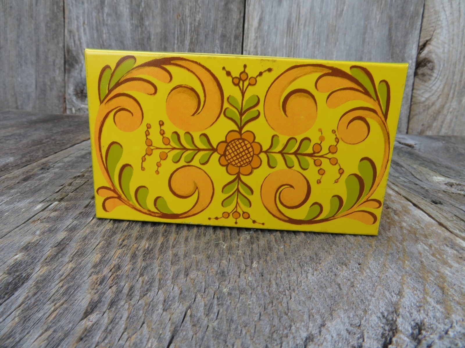 Recipe Box Avon Vintage Tin Metal Holder Orange Yellow Flowers Kitschy Retro