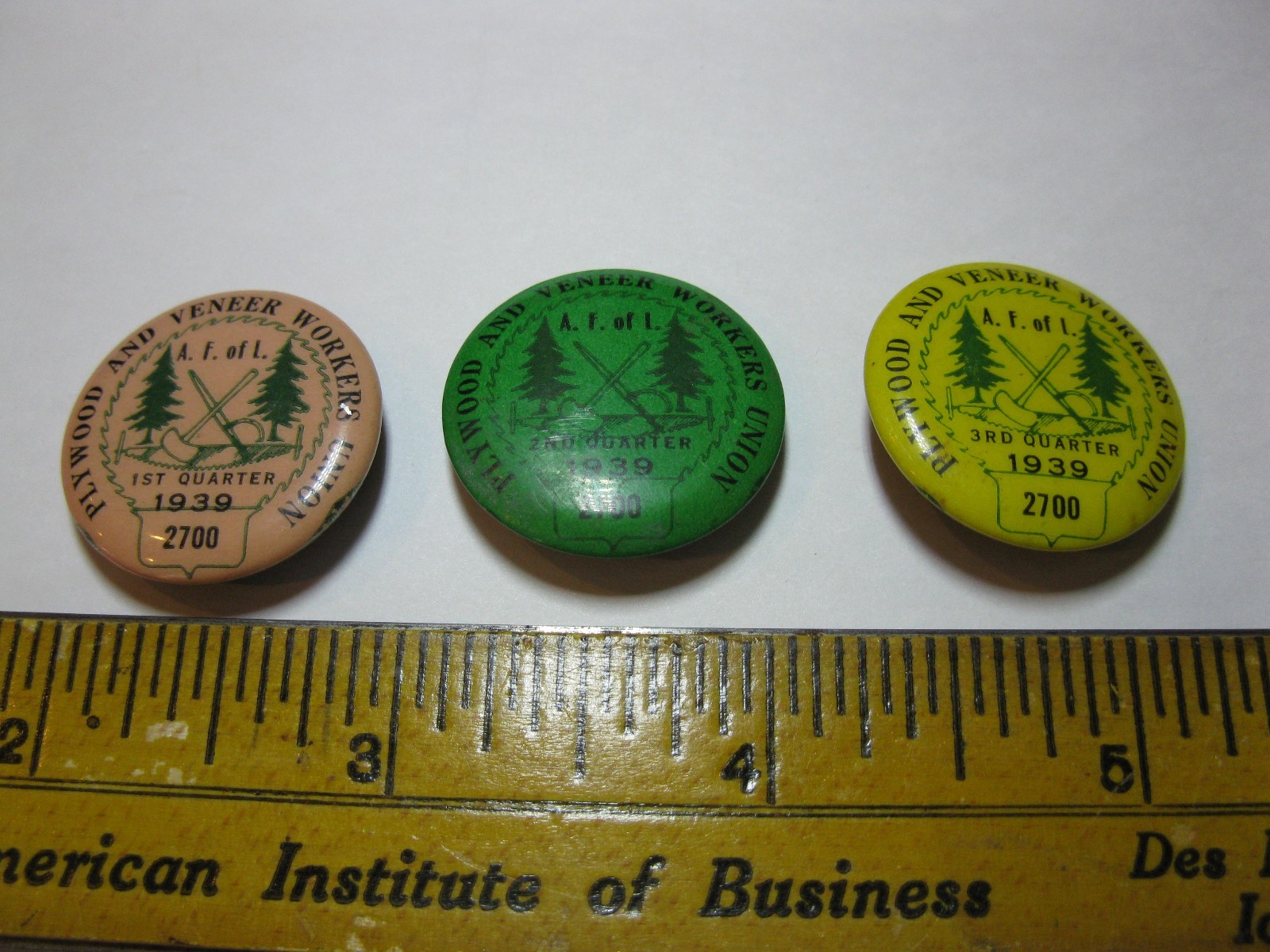 3 ~ 1939 QUARTERLY TRADE UNION PINS (PLYWOOD AND VANEER WORKERS) AF of L ~ 2700