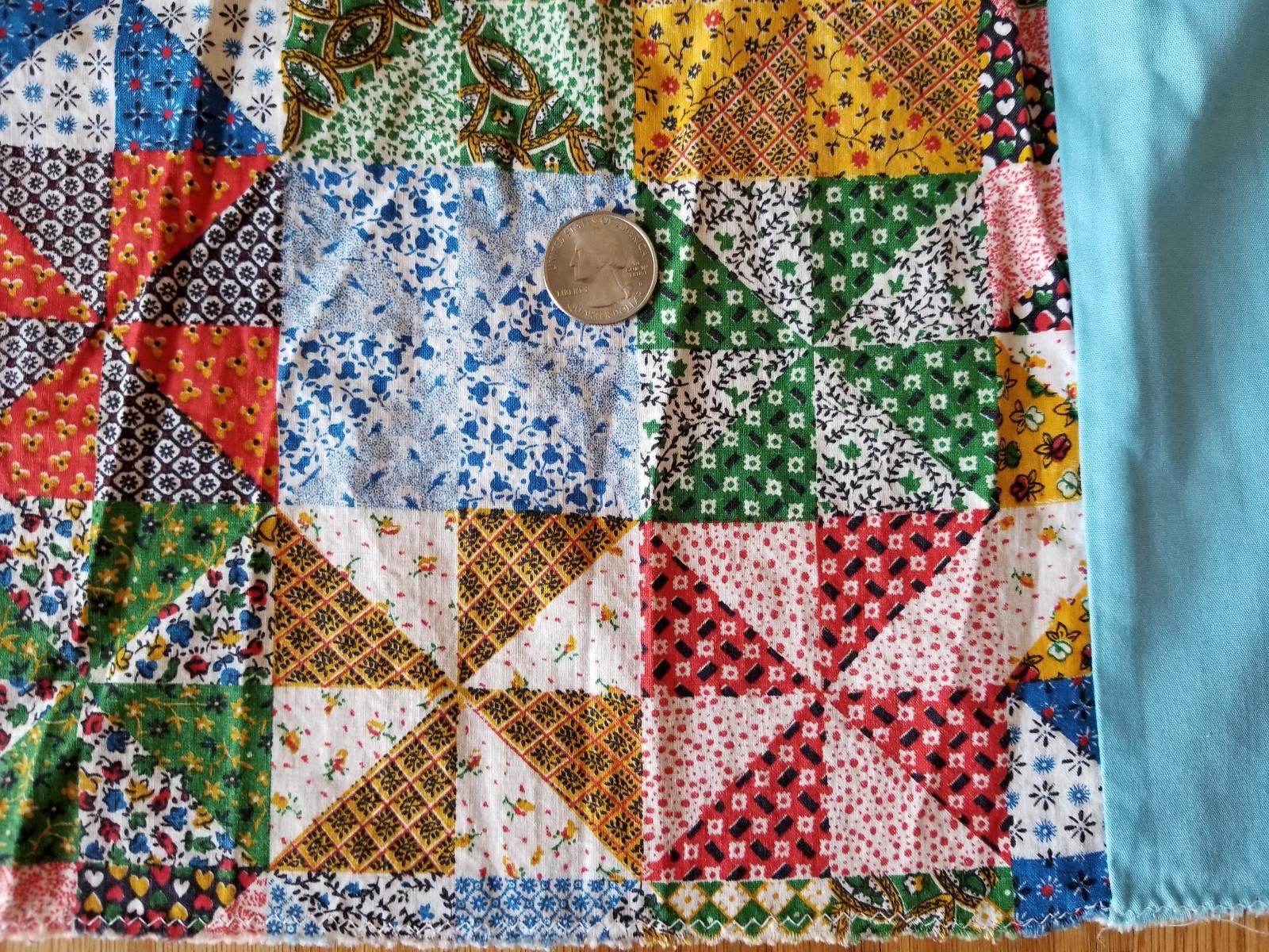 Vintage Quilt Top Cheater Pinwheel Calico Print Blue Border 54x83