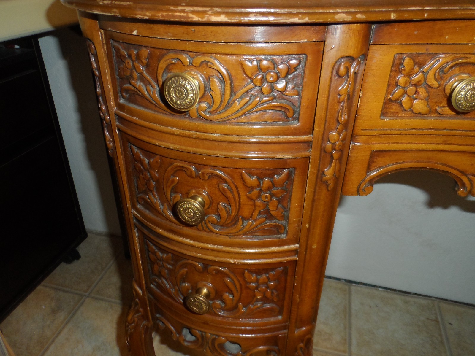 Antique Kidney Shaped Wood Desk with Glass Top--Beautiful--7 Drawers-L@@K!!!
