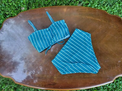 SHEIN Teal And White Striped Bandeau Corset Tie Top And Cheeky Bikini Bottom Set
