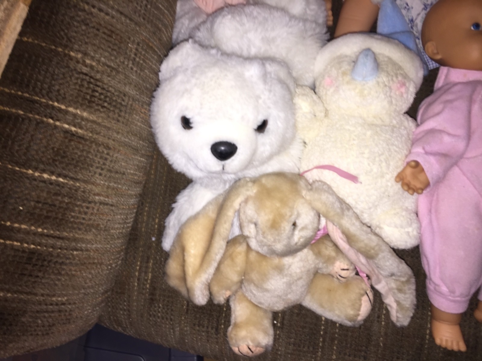 LOT OF 21 DOLLS AND STUFFED ANIMALS & MORE