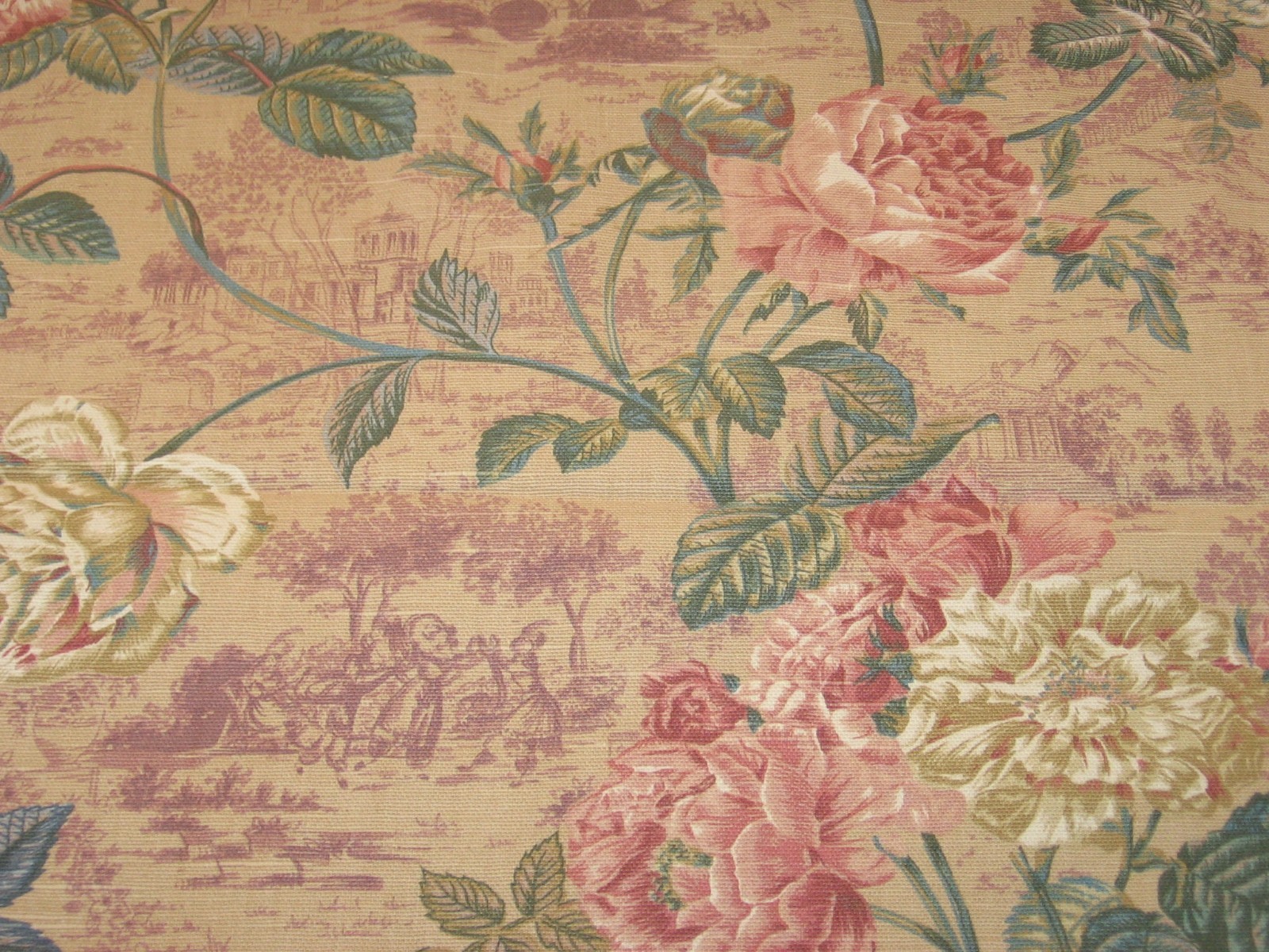 2yds Vtg Di Lewis#166 Victorian Rose Mauve Flower Floral Toile Upholstery Fabric