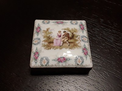 Vintage 2 Pc. Ceramic Trinket Box Victorian Couple On Pictorial Lid