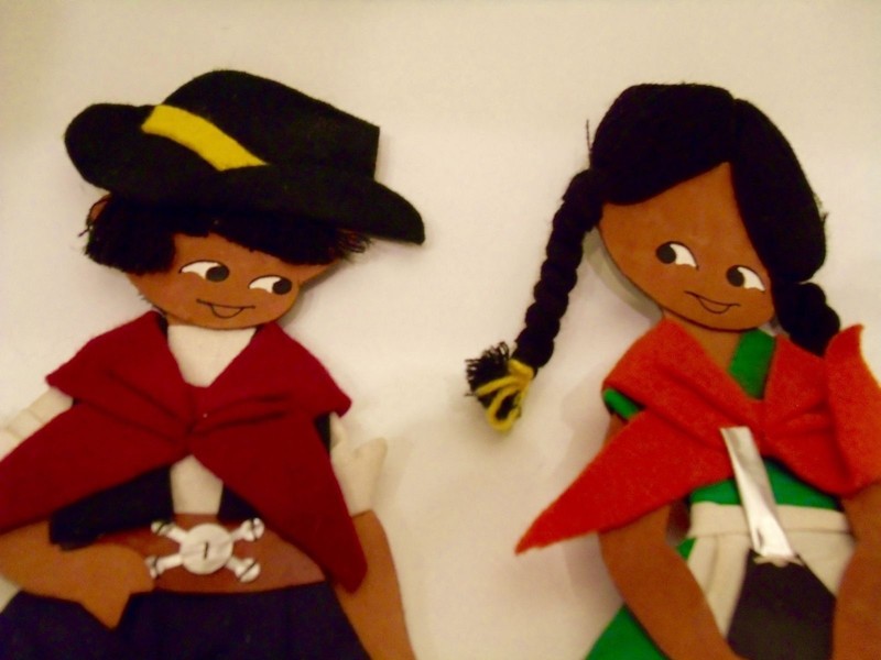 Vintage Boy Girl Leather Cloth Felt Cowboy Doll Wall Hanging Folk Art