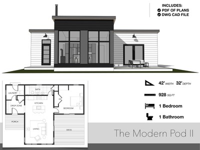 928 SQ FT Tiny House, 42'-0'' x 32'-0'', Cabin, Floor Plans, Modern House Plans