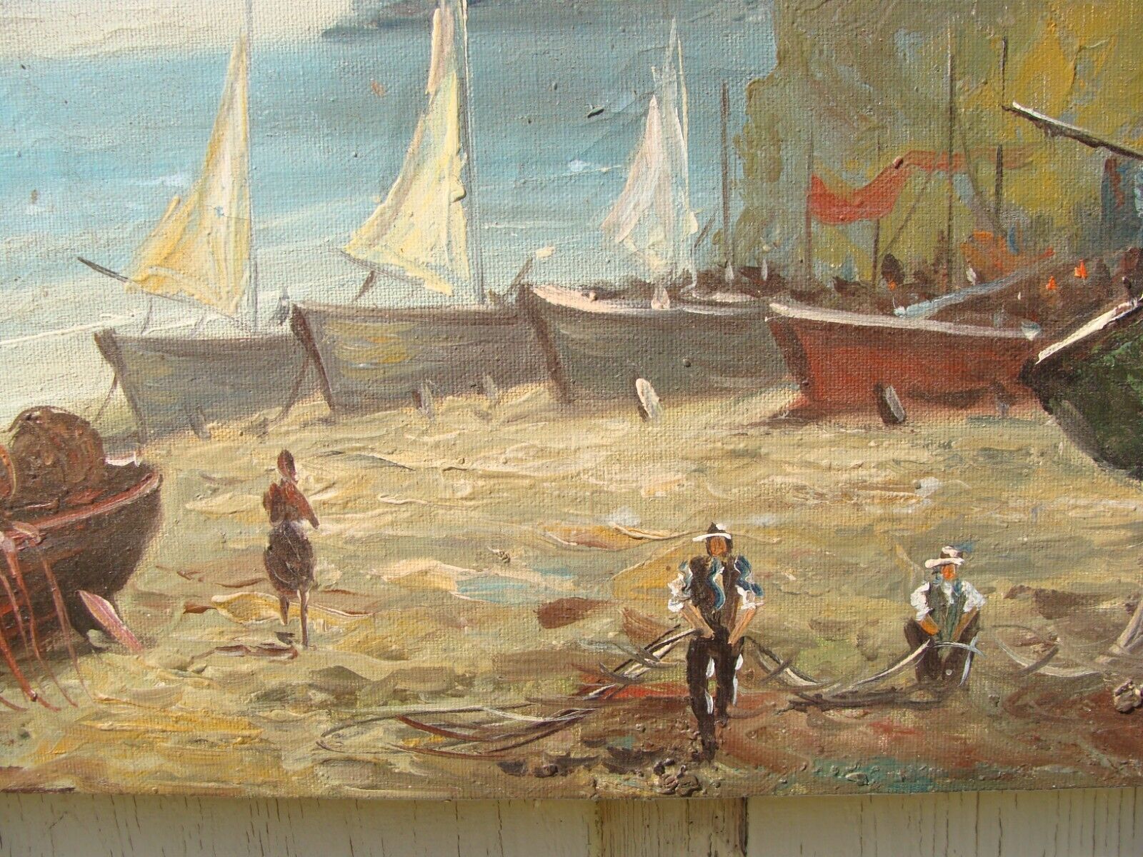 Vintage Painting of Fishermen on Beach with Sail Boats Signed Hanna 16 X 20 inch
