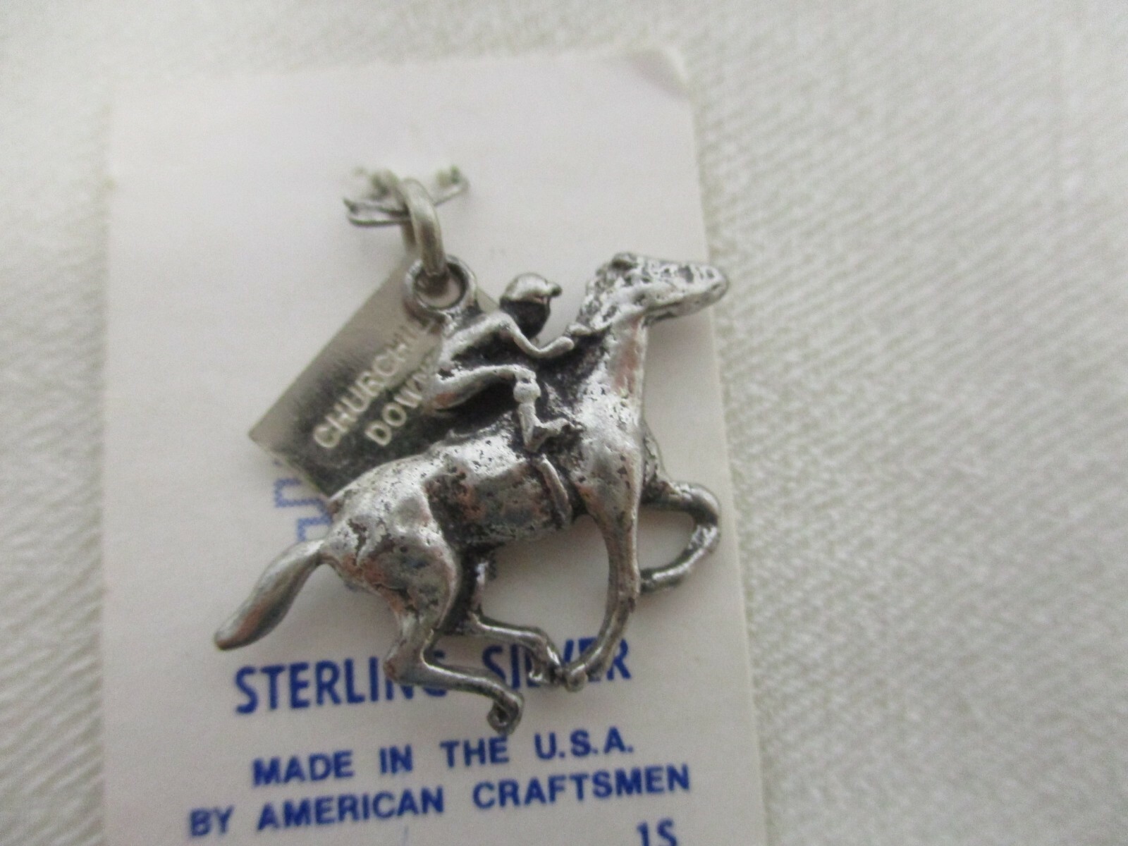 VINTAGE BELL STERLING SILVER CHURCHILL DOWNS HORSE RACING CHARM ~ MINT on CARD