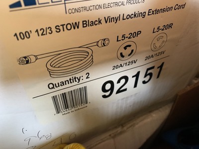 QTY 2 NEW CEP 100' 12/3 STOW BLACK VINYL LOCKING EXTENSION CORD 92151. 20A 125V