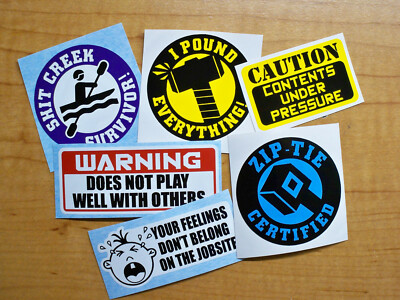 6-pack Funny Hard Hat Stickers | Up Creek Pound Under Pressure Ziptie Sarcastic