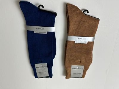 Perry Ellis Portfolio Men's 2pk Solid Merino Luxe Crew Socks Blue & Tan-7-12
