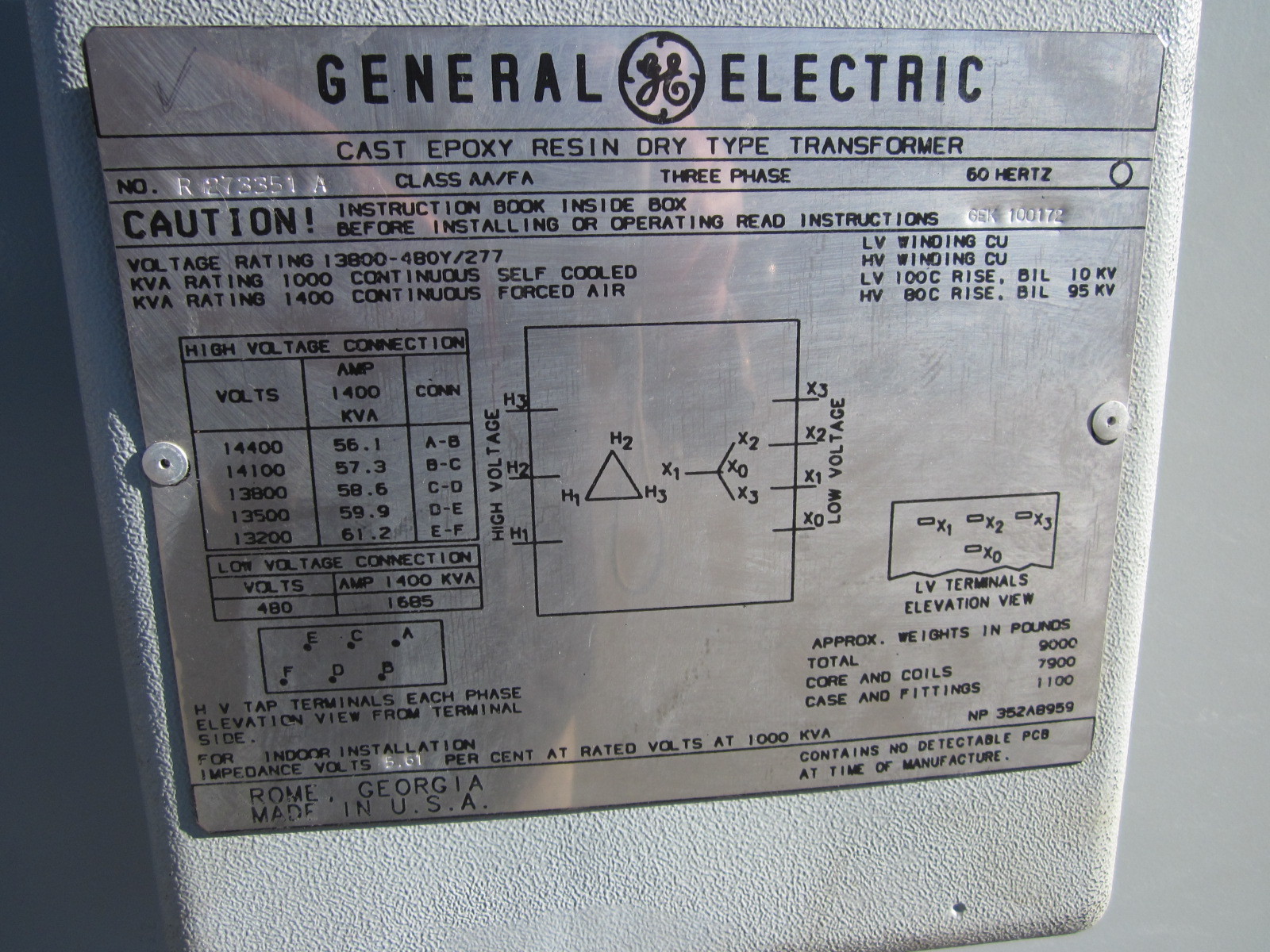 GE 1000 KVA Dry Type Transformer // 13,800 - 480/277Y / Class AA/FA / Copper