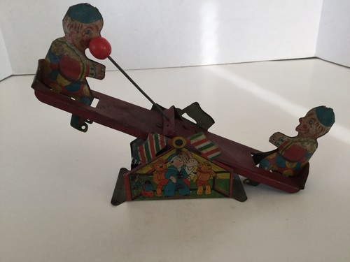 Early Tin Litho Child's Toy Teeter Totter Antique See-Saw