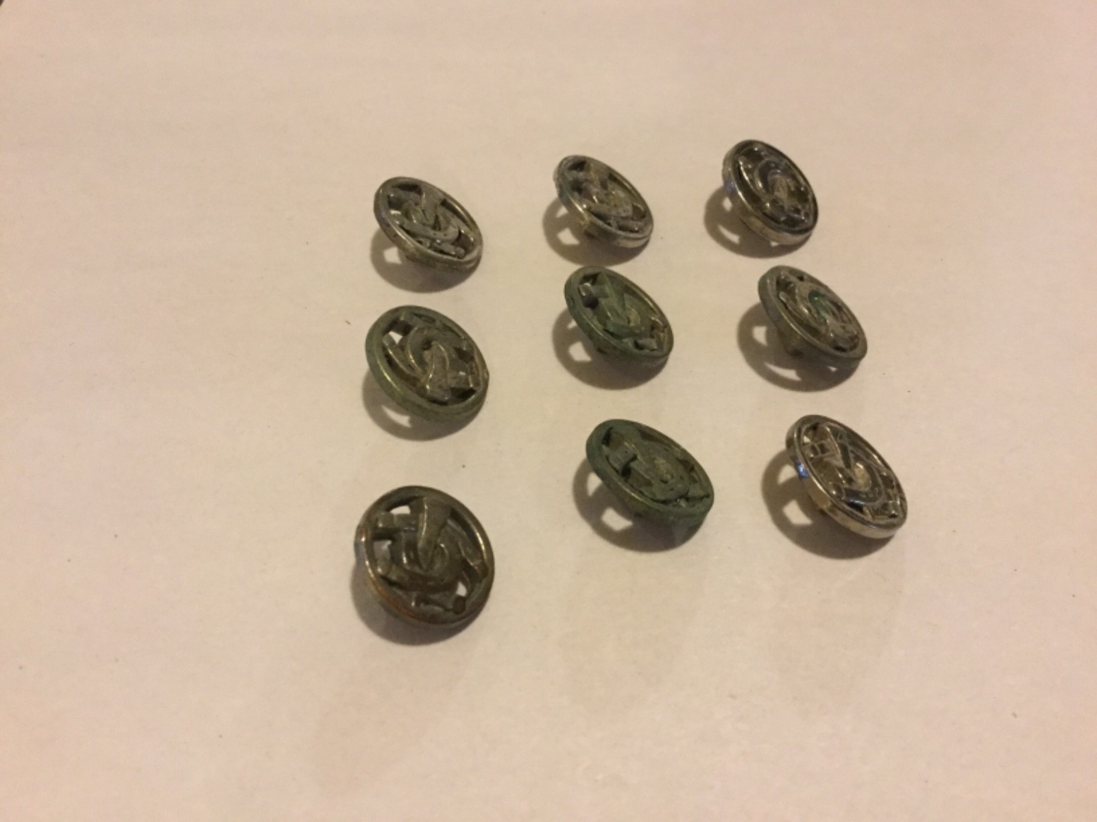Lot of 9 Vintage Open Work Buttons Silver Color Metal? Horseshoe Nail 5/8