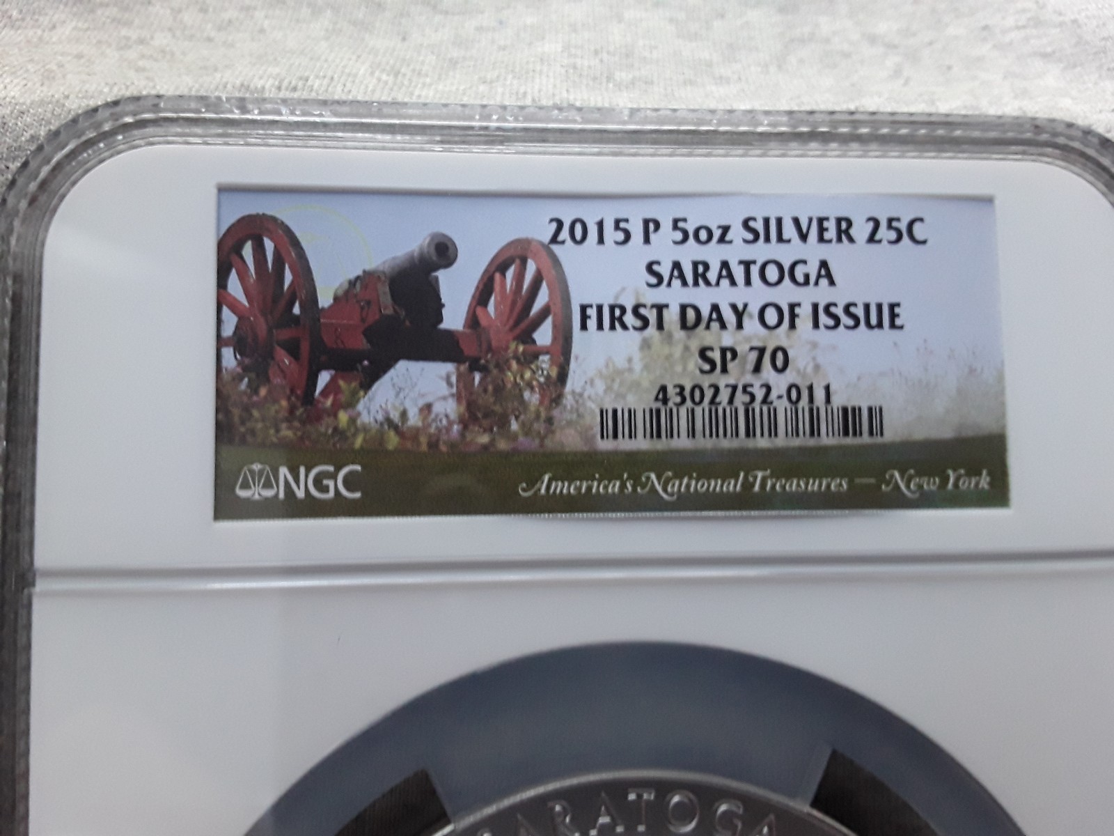 2015 P SARATOGA SP70 FIRST DAY ISSUE 5OZ SILVER NGC CERTIFIED
