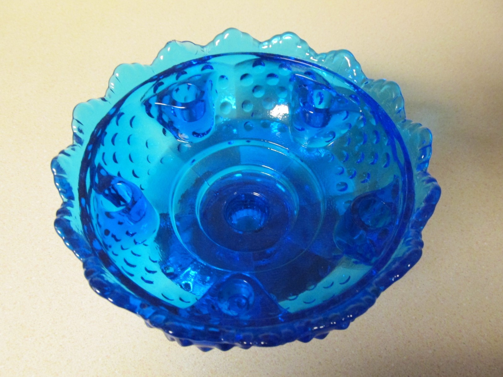 VINTAGE FENTON COBALT BLUE SIX-CANDLE HOBNAIL PEDESTAL BOWL LABELED!
