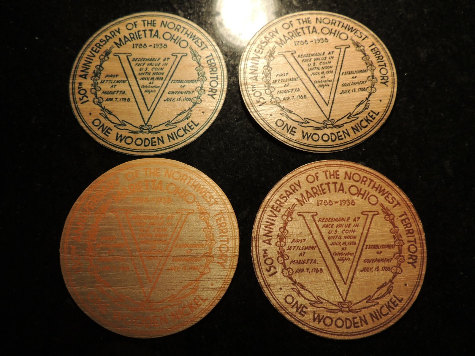 1938 USA MARIETTA OHIO 4 WOODEN NICKEL 150TH ANNIVERSARY NORTHWEST TERRITORY