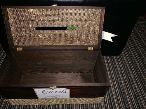 Large Wooden Wedding Card Box Brown Embellished With Rhinestone Ribbon, Flowers