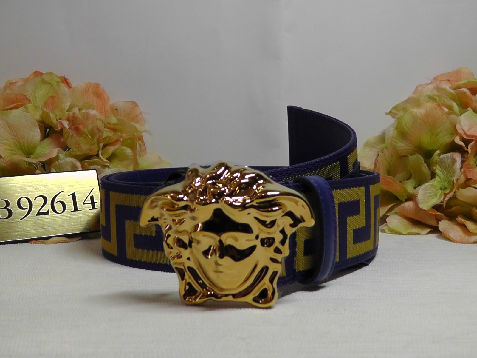Pre-owned Versace Men's La Medusa Blue / Gold Web Belt Size 95cm Or 37 Inches$495nwt