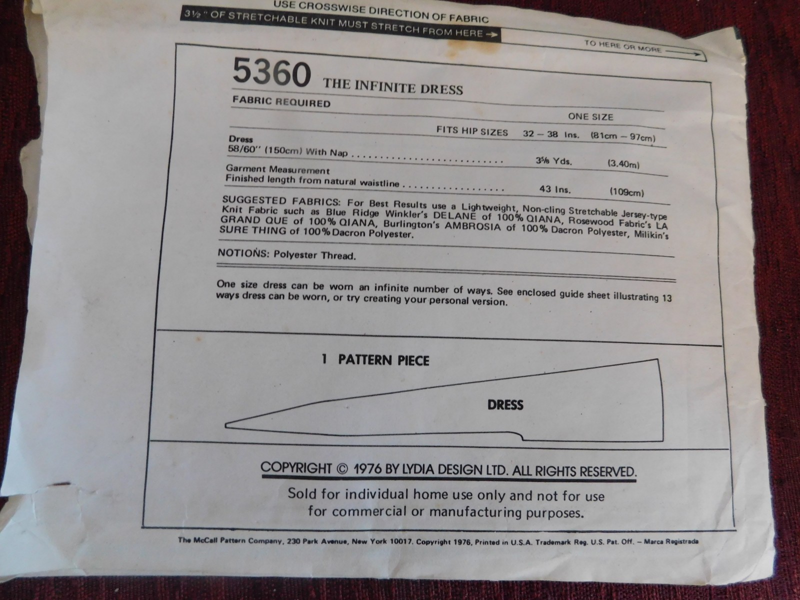 LADIES INFINITE DRESS PATTERN ONE SIZE ENVELOPE SHOWS WEAR UNCUT #5360