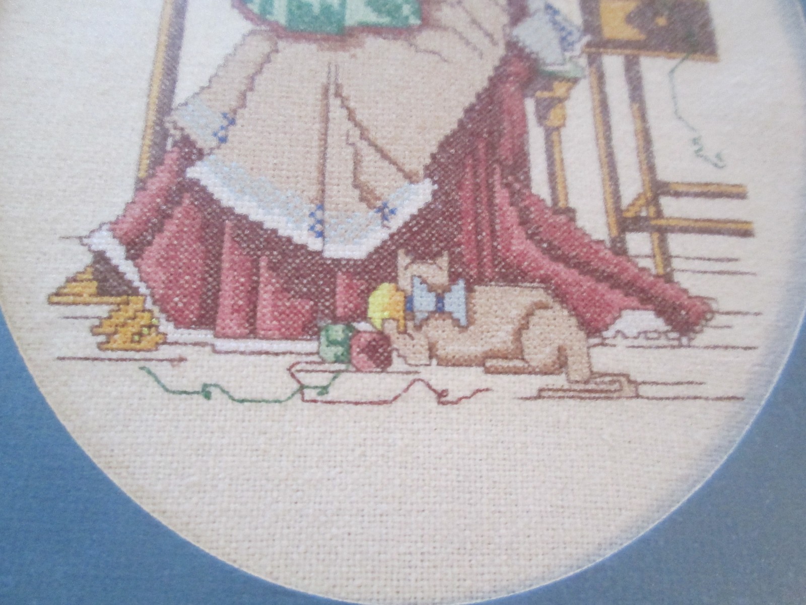 Completed Matted Framed Large Cross Stitch Lady Sewing Quilting Embroidery