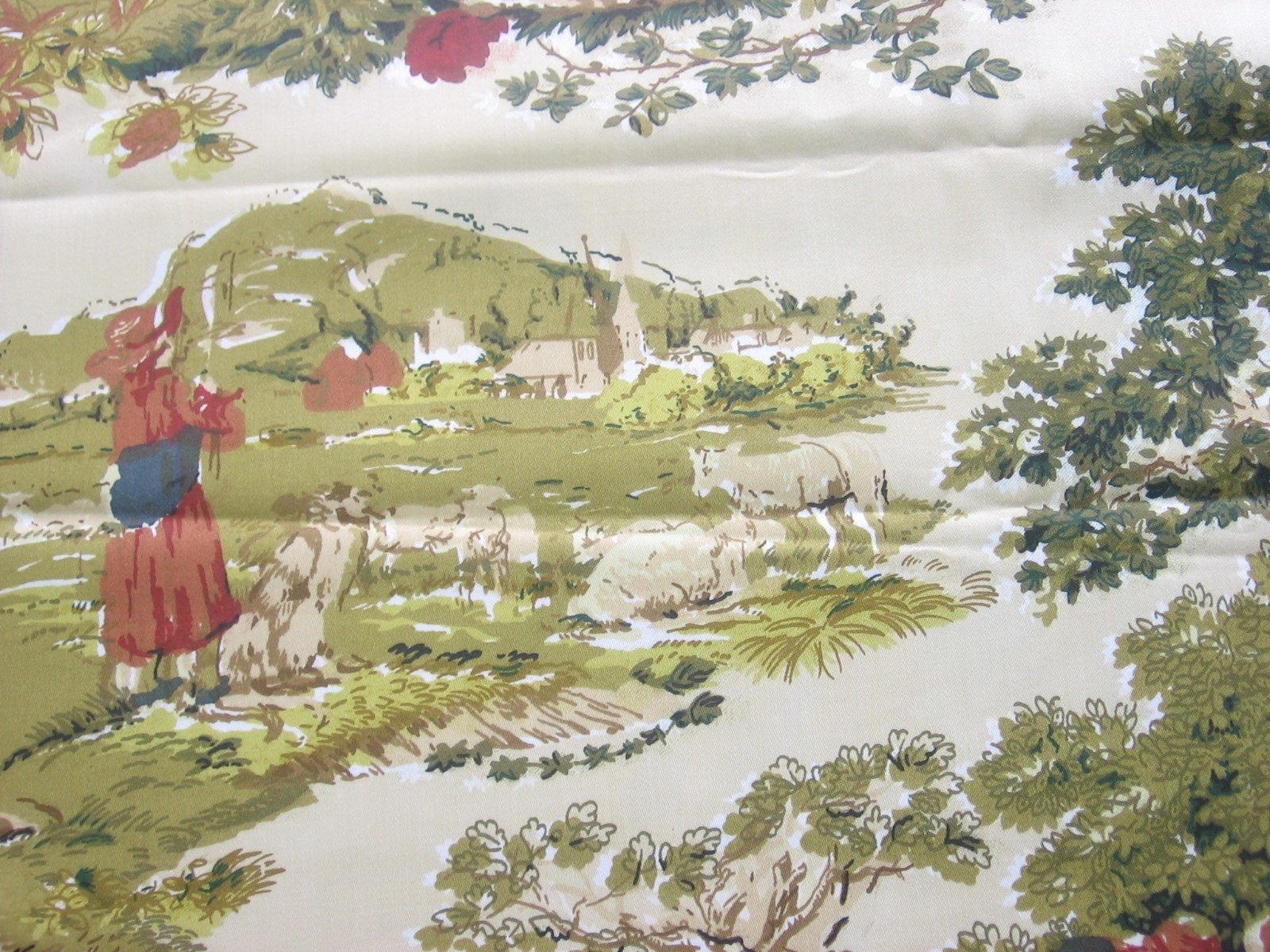 2yds GIULIANO Portfolio Textiles Vtg Country Farm Scene Toile Upholstery Fabric