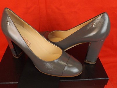 Pre-owned Chanel G31655 Gray Distressed Leather Cc Logo Cap Toe Silver Heel Pumps 38