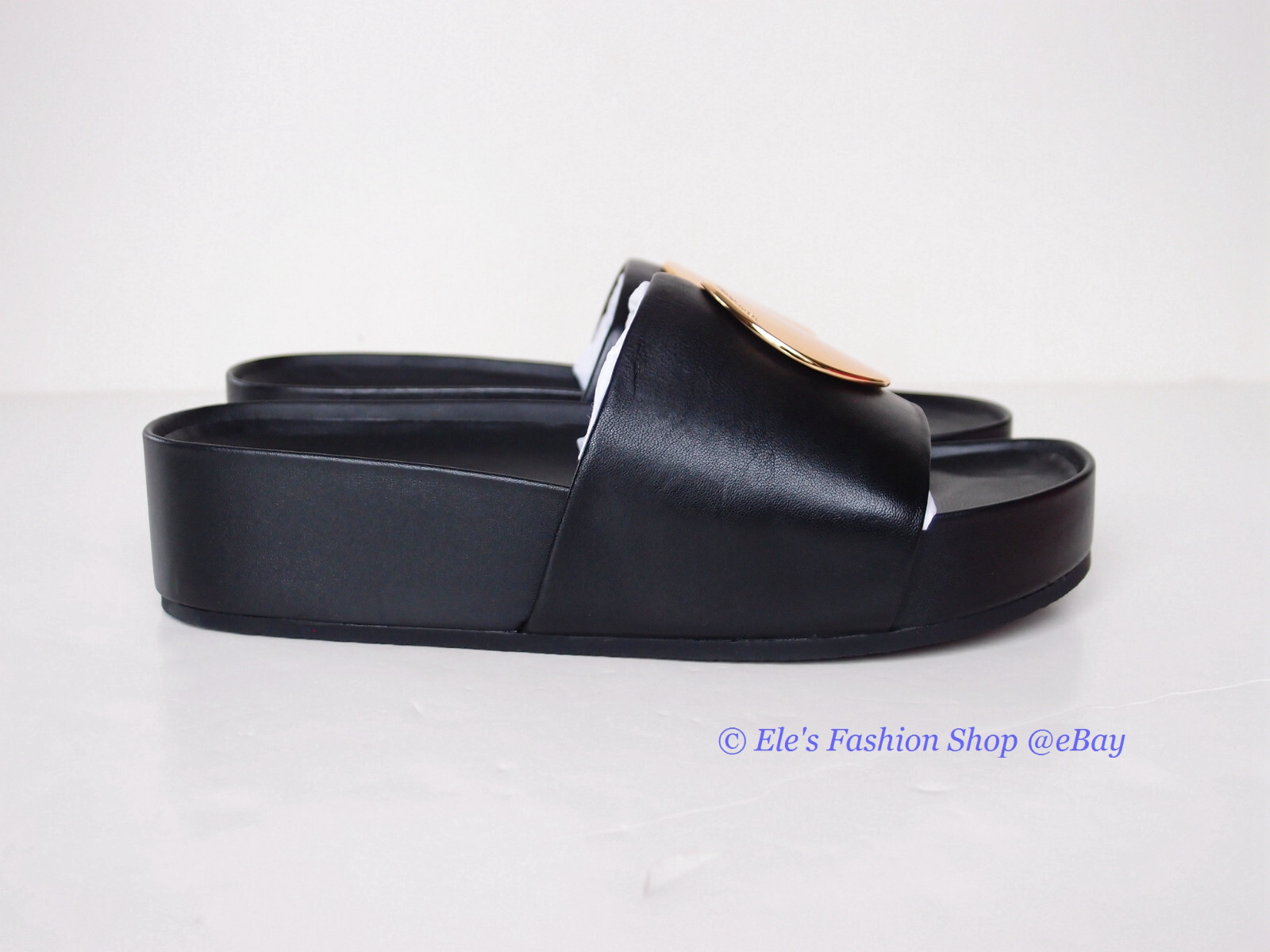 Pre-owned Tory Burch Patos Disk Leather Slides Black Us 8.5 Authentic