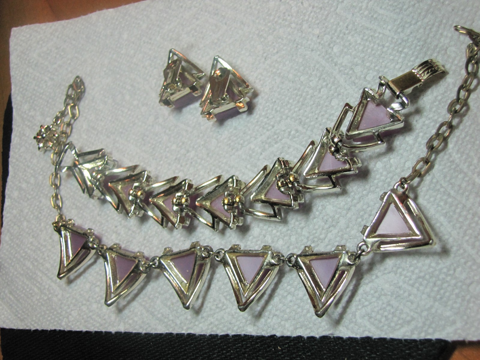 Vintage 3 Pc. Themoset Lucite Parure 3D Lavender Triangles Set Excellent (19)