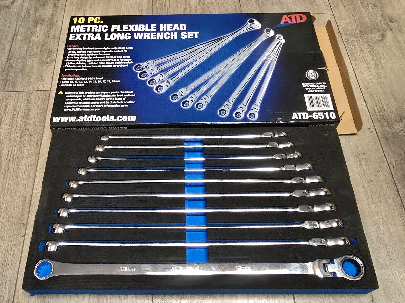 ATD 10pc XL Double Box METRIC Ratcheting Spline Flex Wrench Set w/Foam Tray 9510