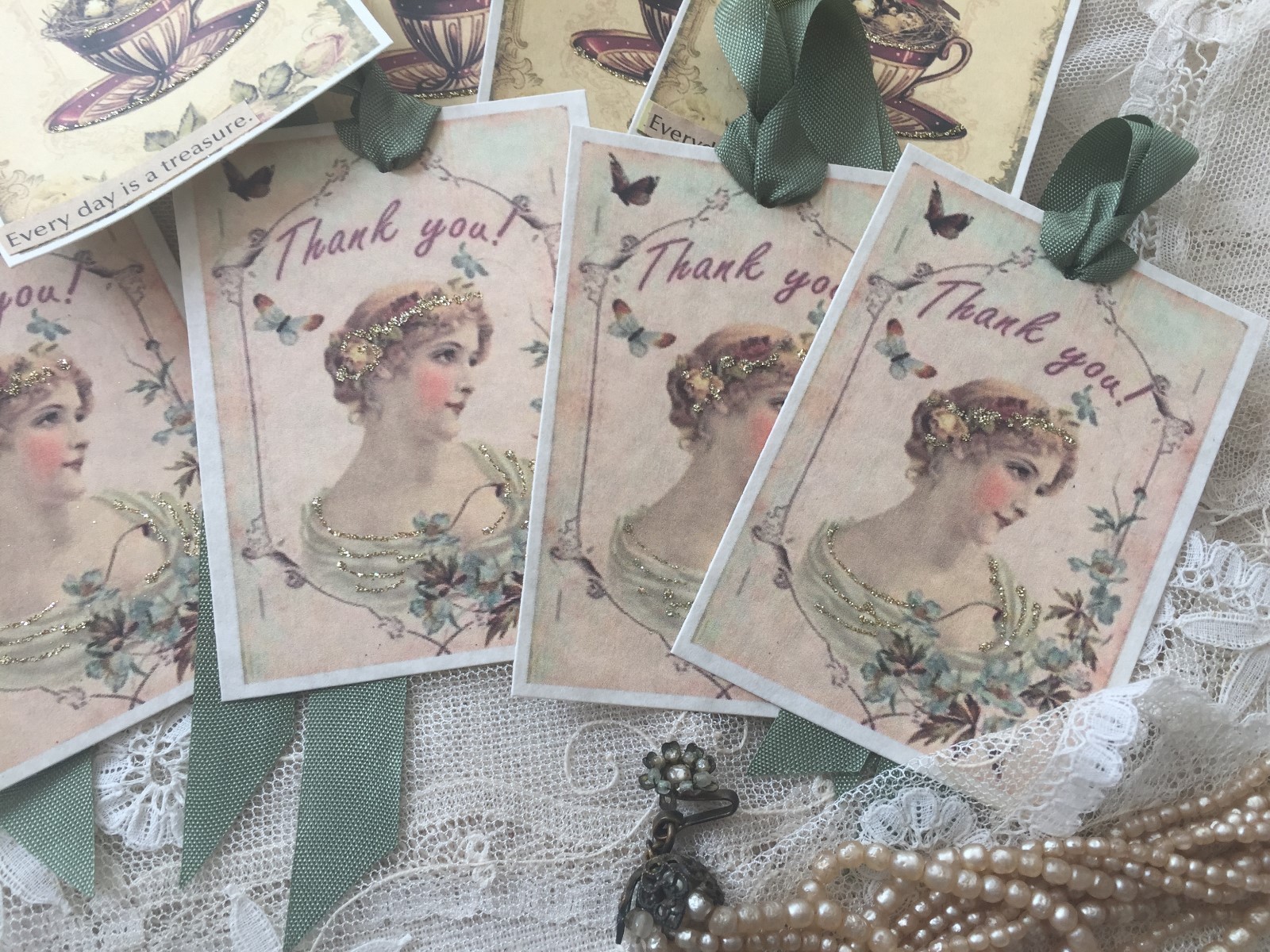 ~ VINTAGE Thank YOU Bonjour EVERY Day is a TREASURE Tags  ~