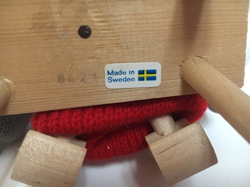 Made in Sweden MRS. SANTA CLAUS Knit Dress and Hat SITTING on a WOODEN BENCH