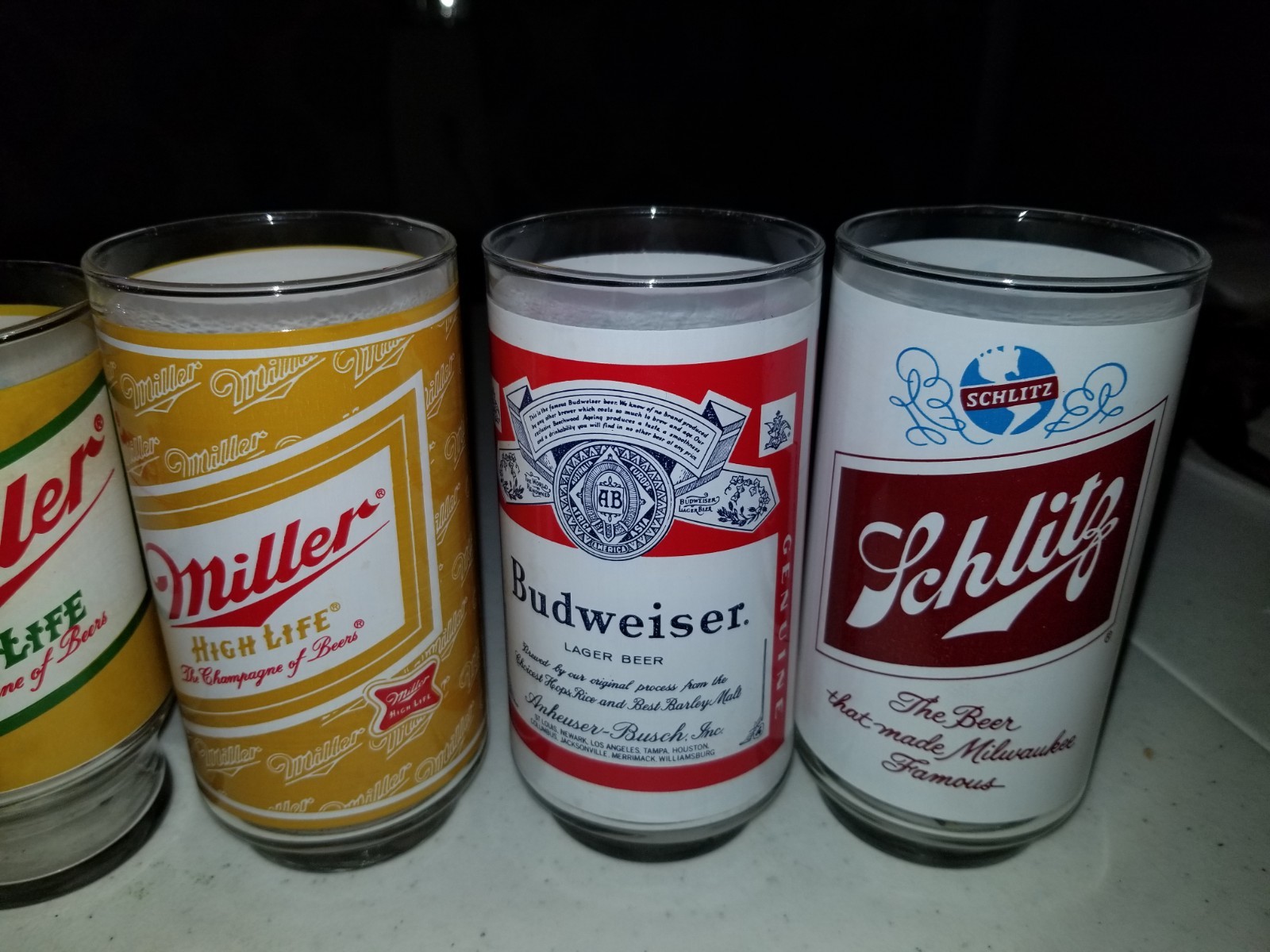 Vintage Set of 6 Beer Glasses - Miller High Life - Bud - Black Label - ETC. NICE