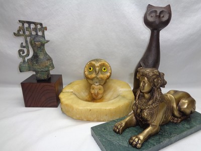 Vtg Italian Alabaster Marble Stone Carved Owl Ashtray & Owl Head Paperweight