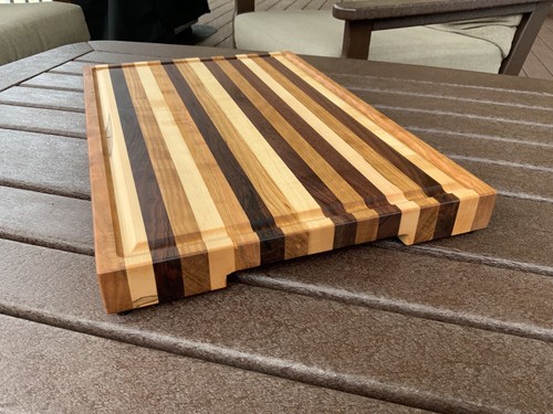 Curly Cherry, Maple, & Walnut edge grain cutting board with juice grooves